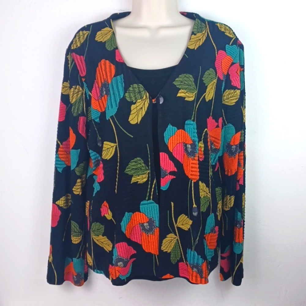 ♥️SOLD♥️MIRASOL BLACK & COLORFULLY FLORAL LONG SLEEVE RIBBED TOP SZ L - Picture 6 of 10
